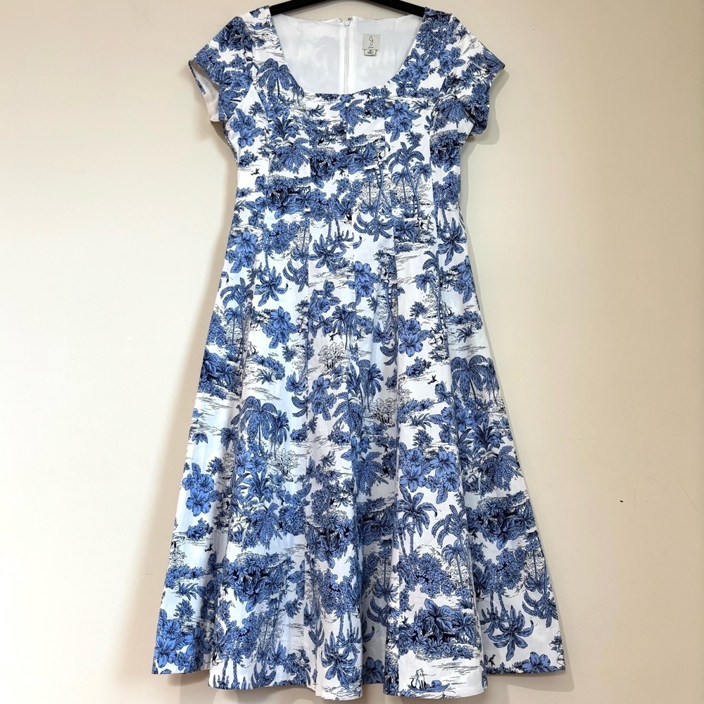 Joie  Blue White Floral Toile Cap sleeve pleated A-line Retro Party Midi Dress 8